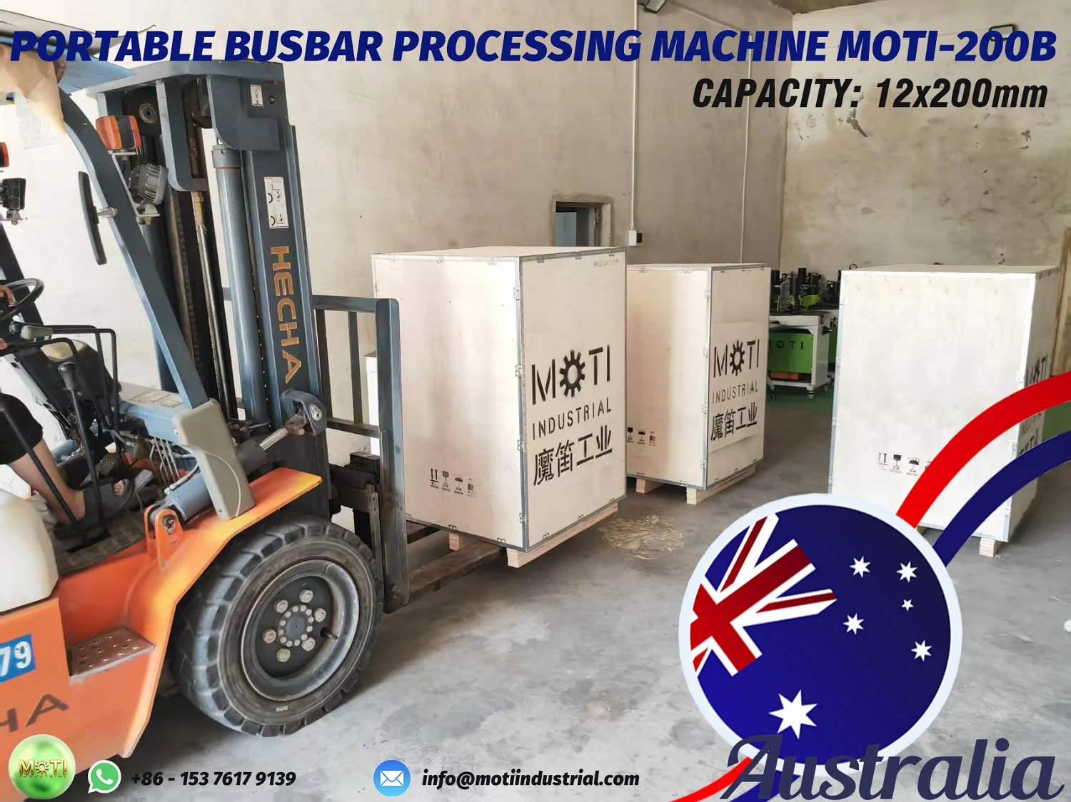 Crated MOTI equipment during packing preparation for the Australia shipment.