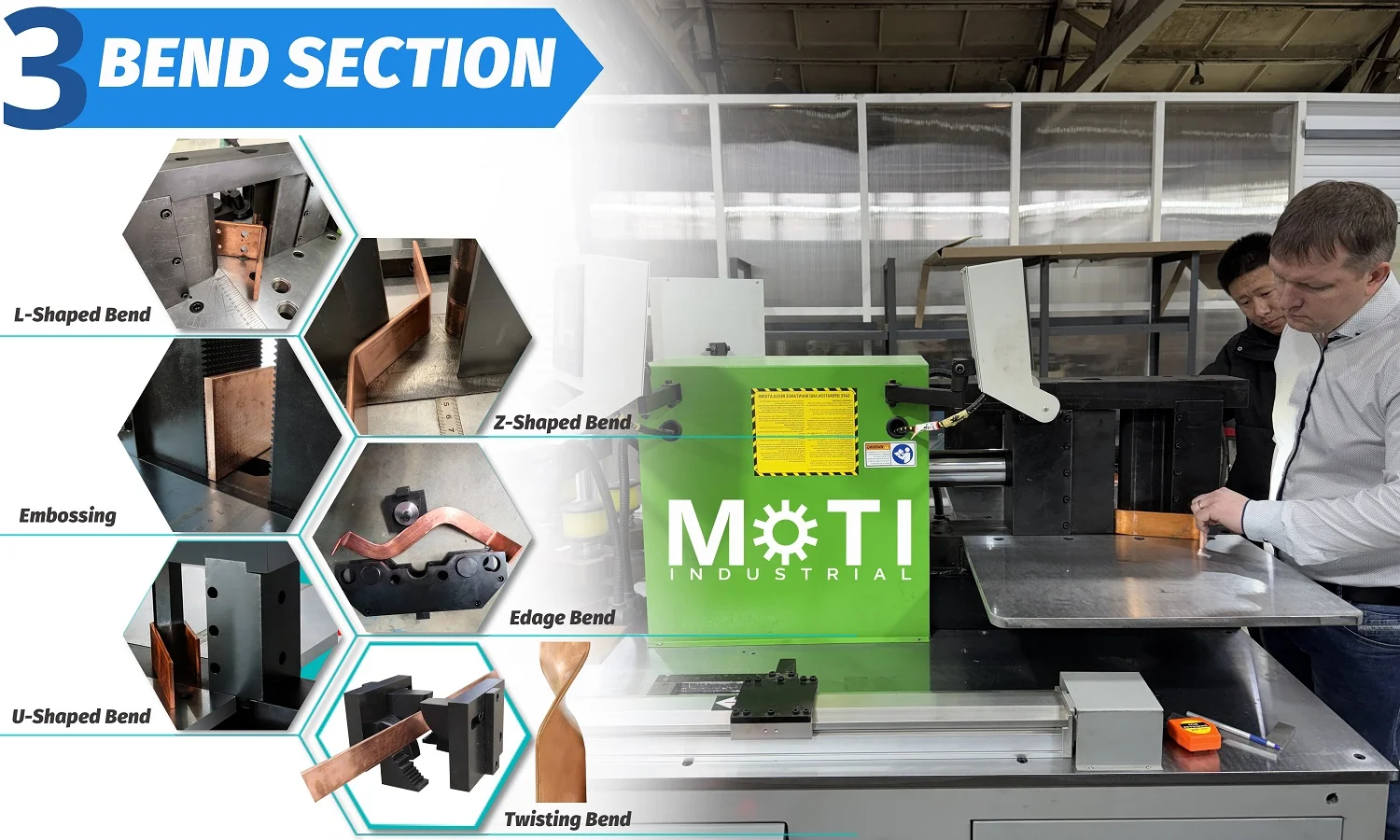Bending demonstration and tooling examples shown for MOTI-50-3NC.