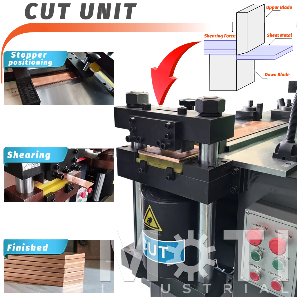 MOTI-30-3NC shearing head with stopper positioning and cut-sample views.