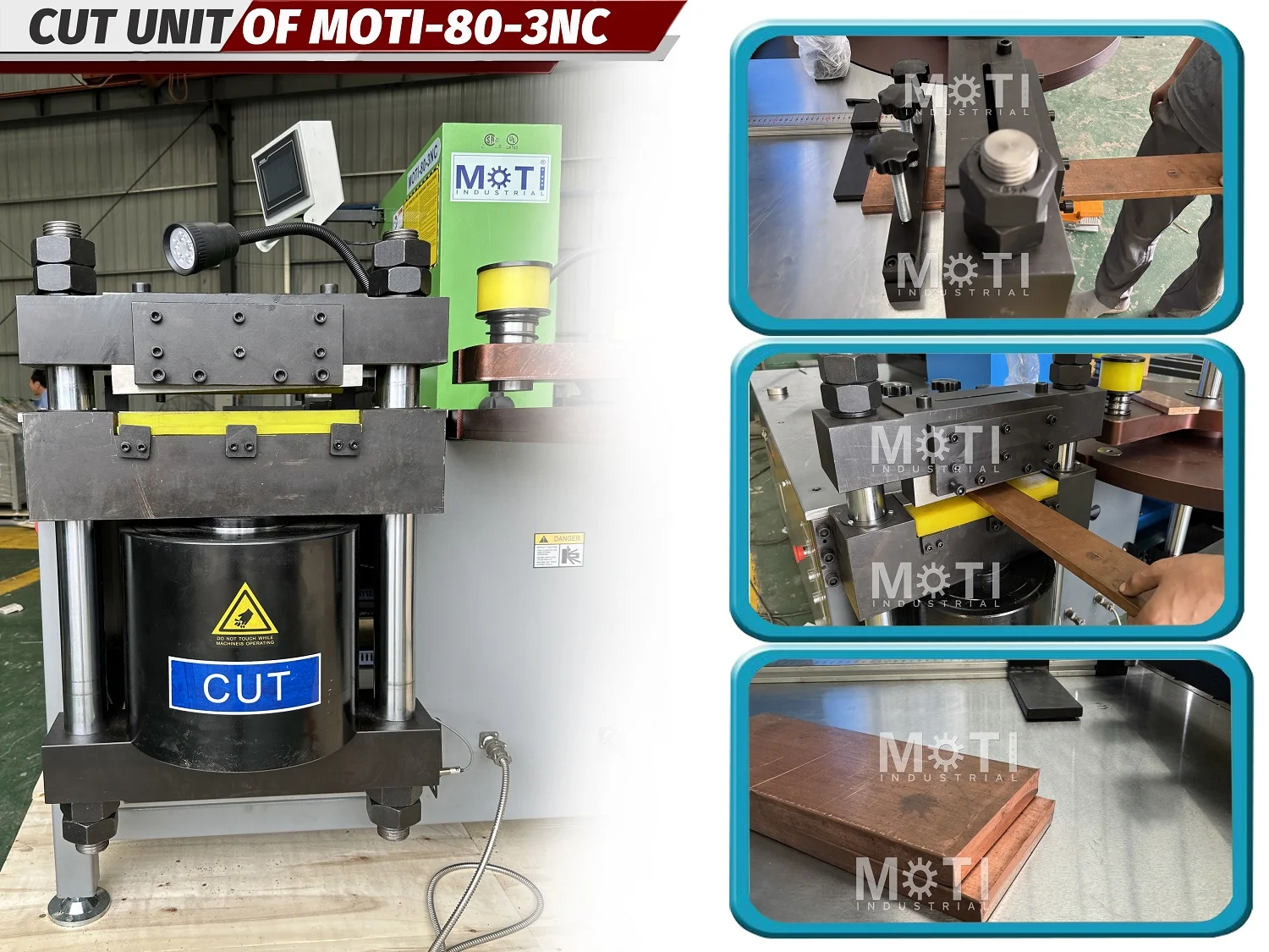 MOTI-80-3NC shearing head, material positioning and cut samples.
