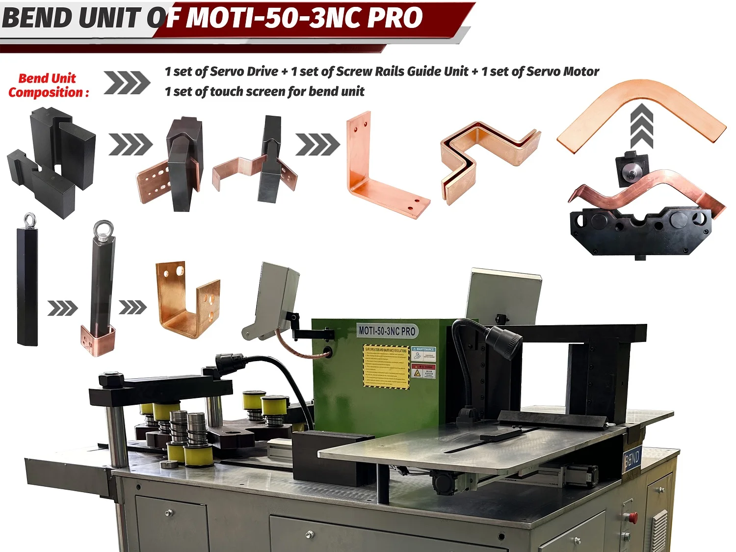 MOTI-50-3NC PRO bending table, positioning rail and tooling examples.