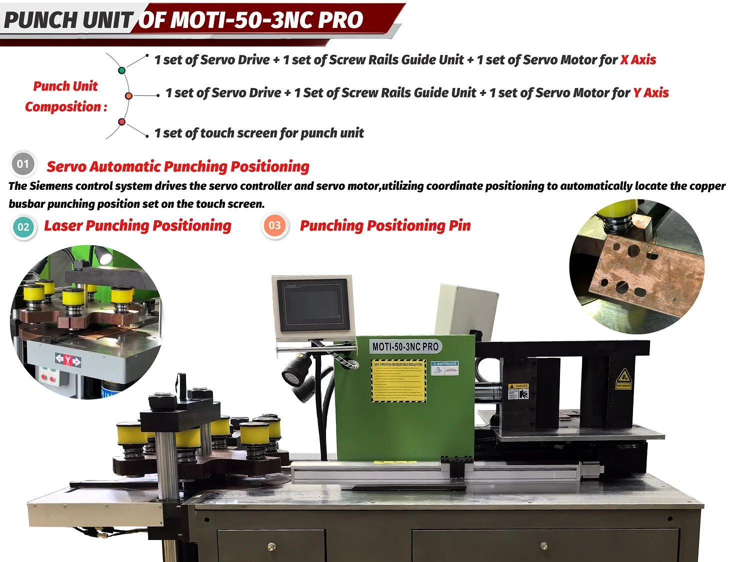 MOTI-50-3NC PRO punching table with X/Y positioning and locator examples.